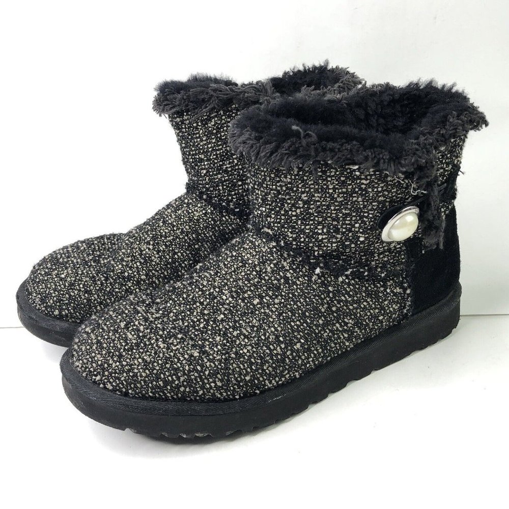UGG Boots Mini Bailey Rhinestones Button Tweed Black Size 9 US / 7.5 UK/ 40 EU